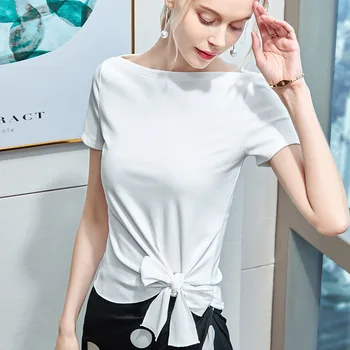 Тениска с къс ръкав, дамски лятна нова корейска версия, блуза с папийонка хем, дамски ЧЕРНА
