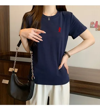 Тениска с къс ръкав дамски със свободните рамене в западен стил 2023, нов дизайн на бродерии, нишевая яке, черен