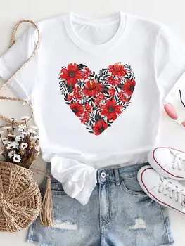 Тениска с къс ръкав и шарките, модна тениска, лятна ежедневни облекла, тренд 90-те години, дамски връхни облекла с принтом във формата на сърце и цвете, тениска