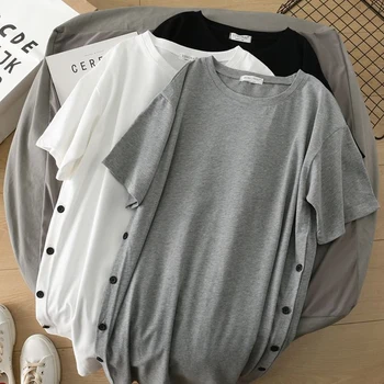 Удобни и модерни всекидневни, пуловери, обикновена тениска с кръгло деколте, без пряка лекота, къс ръкав, дамски дрехи копчета