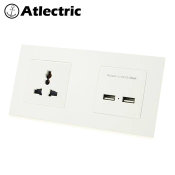 Универсален конектор Atlectric, dual USB порт за зареждане на мобилни устройства, пластмасов панел, стенни електрически контакт, двоен изход