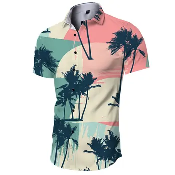 Хавайска риза Мъжки 3xl, свободни ризи, мъжка мода плажно облекло с принтом палми, топ, однобортная риза с кубински яка