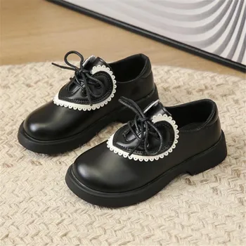 Черна елегантна кожена обувки за момичета, марка обувки за партита, дизайнерски обувки за деца на плоска подметка