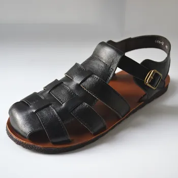 черни, кафяви старомодни носталгия на плетени мъжки сандали-гладиатори ръчно изработени от телешка кожа в стил 