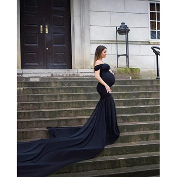 Шифоновое рокля-русалка за бременни с открити рамене и занижени ръкав, дебнещ рокля за фотосесия