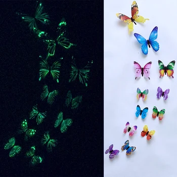 12 бр. светещи 3D пеперуди, начало декор, модерен светещи стикери за стена за спални, хол, пъстри пеперуди, украса на стаята