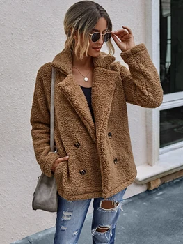 2023 Есен плюшевое палто Дамско палто от изкуствена кожа-Дамски дебела топла плюшен плюшен яке с дълъг ръкав зимно дамско палто