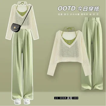 2023 Новия пролетно-летен комплект, дамски корейската версия, монтиране на върха на бретелях, ежедневни риза, широки панталони, комплект от три елемента