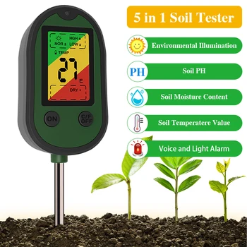 5 в 1 Измерване на РН на почвата, Слънчев Тестер за РН, Температура и Влажност на въздуха Измерител за Киселинността на Анализатор на Влага Инструмент за Градинарство Растения Ферма