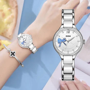 DOM Модни дамски ръчни часовници с диаманти, керамичен каишка за часовник, луксозно брендовое рокля, дамски женевские кварцови часовници, подарък за жена