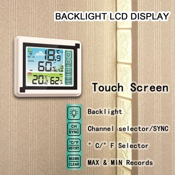 LCD цифров измерител на температура и влажност на въздуха, цветен дисплей HTN, вътрешен и външен термометър, влагомер, метеорологичната станция, часовници, сензор за времето