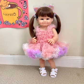 NPK 55 см кукла-реборн за деца с розова рокля за цялото тяло, мек силикон за Рая, реалистична, мека на допир, благородна кукла, подаръци