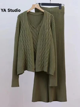 [YA Studio] 2023 Есенно-зимния вязаный пуловер с V-образно деколте, модерен комплект, без жилетка, широки панталони, дамски дрехи