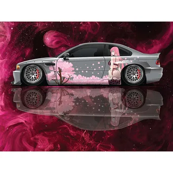 Аниме-автомобили ливрея в японски стил, странична обвивка за кола, формовани vinyl обвивка, универсален размер, премиум-розово стикер за аниме-кола