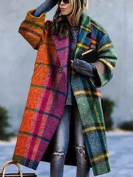 Вълнена дълги палта с ревери и дълги ръкави, вълна палто с принтом, дамски дрехи големи размери, вълна палто