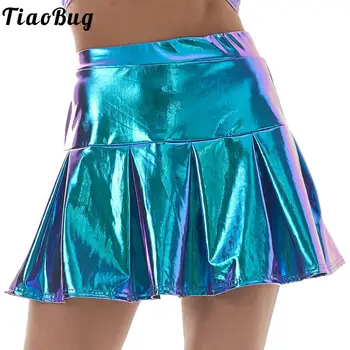 Дамски секси плиссированная пола с метален блясък, висока талия, трапециевидные поли с волани за нощен клуб, танци, рейв, музикален фестивал