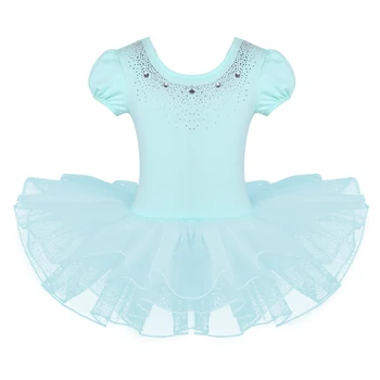 Детско танцово рокля за момичета с къси ръкави-мехурчета, блестящи кристали, балетное рокля, чорапогащник за денс гимнастика, детски летни рокли