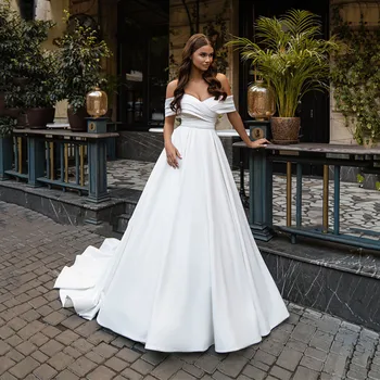 Елегантни сватбени рокли принцеса от сатен с гънки върху раменете на трапецовидна форма в стил бохо за младоженци vestido de noiva 2022