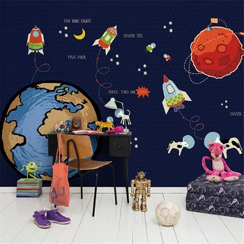 Потребителски Мультяшные тапети със звездното небе и с планетата за детска стая, художествена боядисване, тапети за спалнята на момчето, начало декор, подобрения в дома