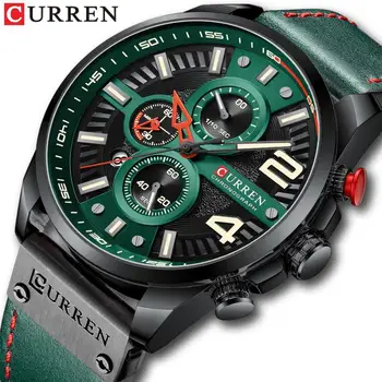 Ръчен часовник от кожа с хронограф Curren за мъже, модни зелени ръчни часовници, мъжки часовници с дизайнерски циферблат Relogio Masculino