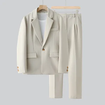 (Сако + панталон Бежов мъжки модерен комплект от 2 теми, корейски свободен ден за ден ветрозащитный красив тънък trend мъжки офис строг костюм