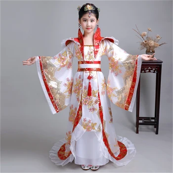 Традиционната бяла рокля с бродерия на цветя за момиче в китайски стил Хан Фу, дрехи приказна принцеса