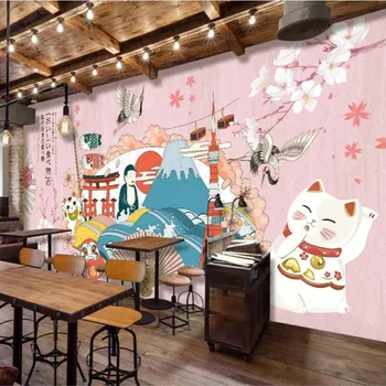 Японската кухня, Суши ресторант Индустриален декор Тапети 3D Потребителски череша цветя фон Изакая Стенопис тапети 3D